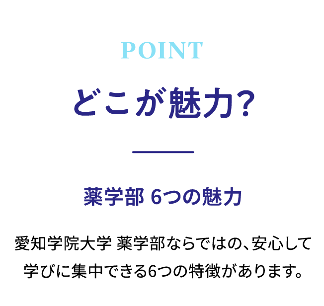 愛知学院大学 薬学部ならではの、安心して学びに集中できる6つの特徴（2期4部制・キャリア教育・国際交流・全国トップクラスの国家試験合格率・愛学だから実感できるチーム医療・幅広い分野で活躍する卒業生）があります。