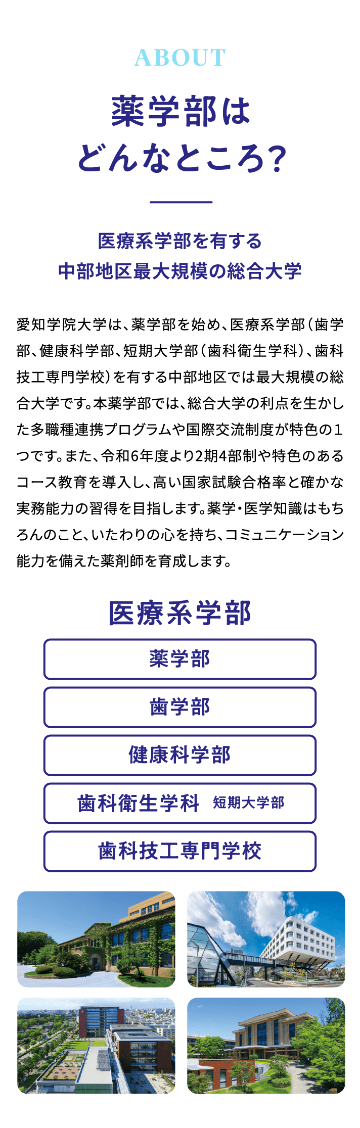医療系学部を有する中部地区最大規模の総合大学です。愛知学院大学は、薬学部を始め、医療系学部（歯学部、健康科学部、短期大学部（歯科衛生学科）、歯科技工専門学校）を有する中部地区では最大規模の総合大学です。本薬学部では、総合大学の利点を生かした多職種連携プログラムや国際交流制度が特色の１つです。また、令和6年度より2期4部制や特色のあるコース教育を導入し、高い国家試験合格率と確かな実務能力の習得を目指します。薬学・医学知識はもちろんのこと、いたわりの心を持ち、コミュニケーション能力を備えた薬剤師を育成します。